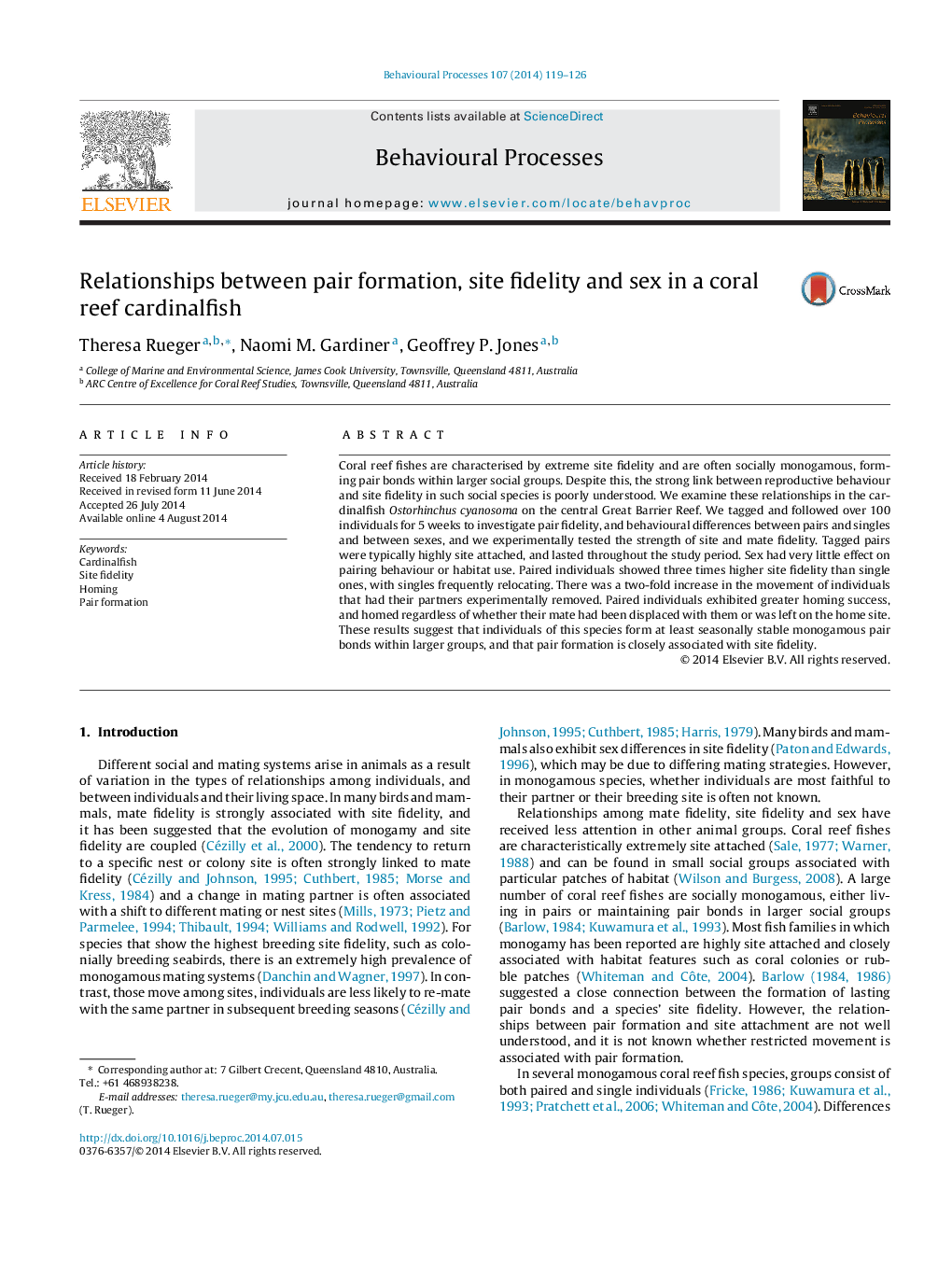 Relationships between pair formation, site fidelity and sex in a coral reef cardinalfish