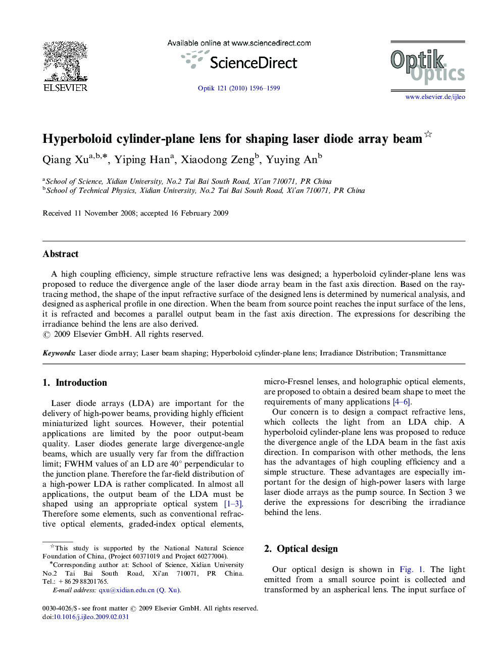 Hyperboloid cylinder-plane lens for shaping laser diode array beam 