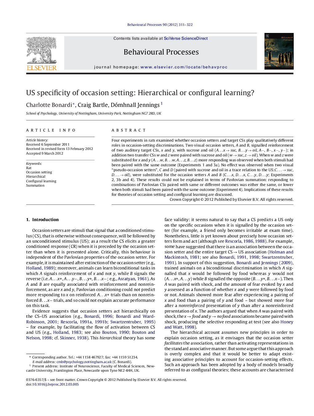 US specificity of occasion setting: Hierarchical or configural learning?