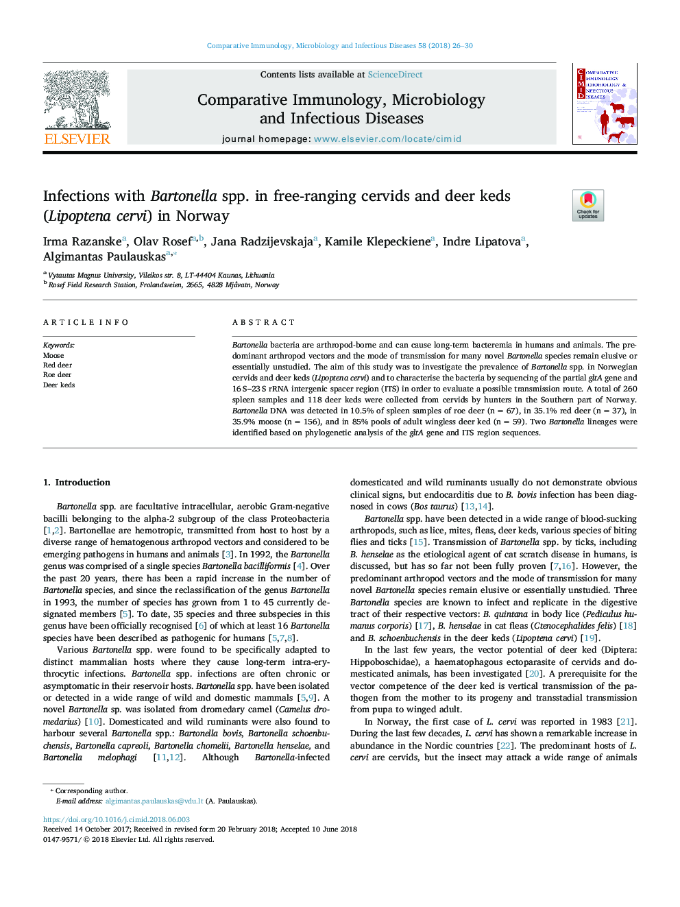 Infections with Bartonella spp. in free-ranging cervids and deer keds (Lipoptena cervi) in Norway