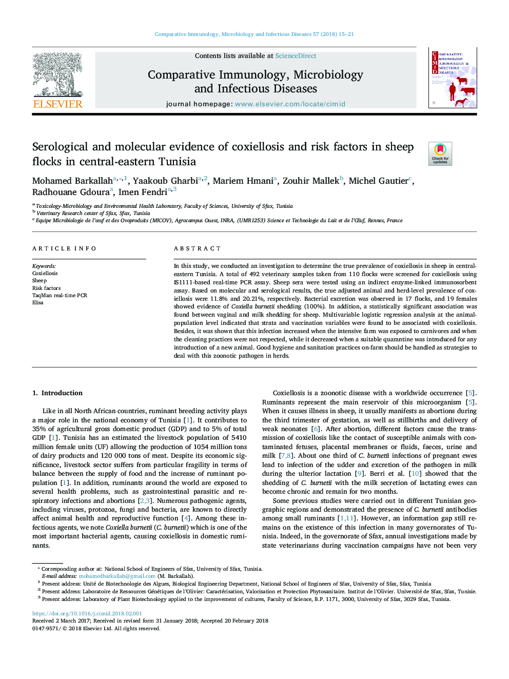 Serological and molecular evidence of coxiellosis and risk factors in sheep flocks in central-eastern Tunisia