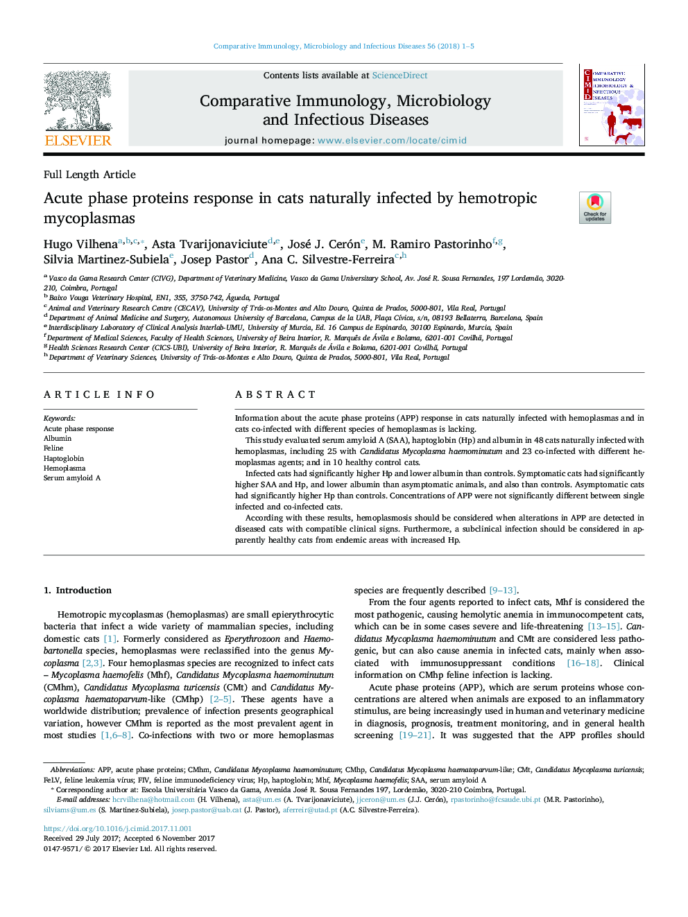 Acute phase proteins response in cats naturally infected by hemotropic mycoplasmas