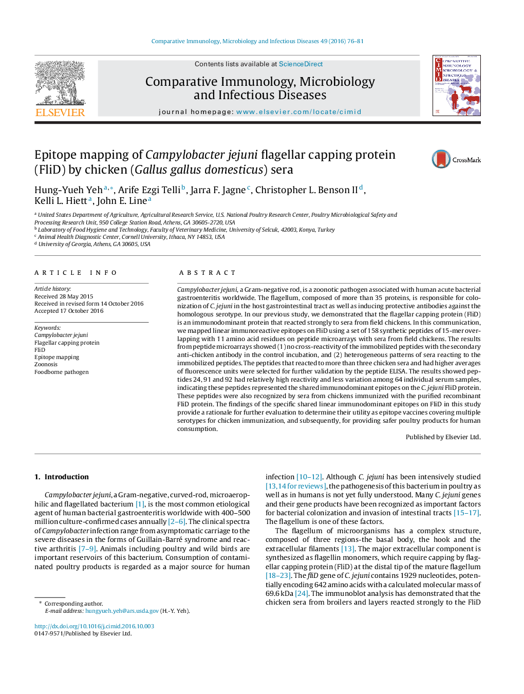 Epitope mapping of Campylobacter jejuni flagellar capping protein (FliD) by chicken (Gallus gallus domesticus) sera