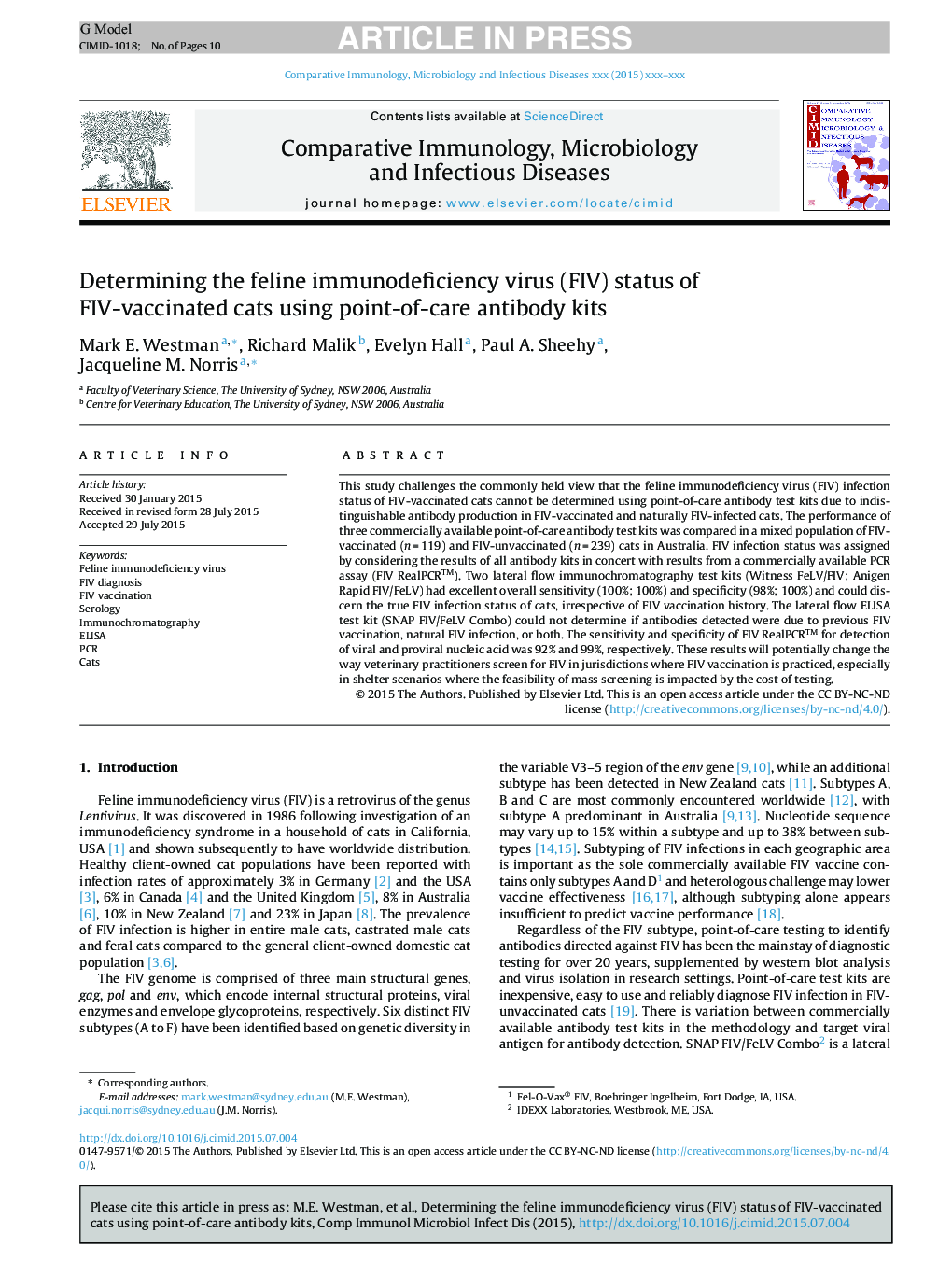 Determining the feline immunodeficiency virus (FIV) status of FIV-vaccinated cats using point-of-care antibody kits