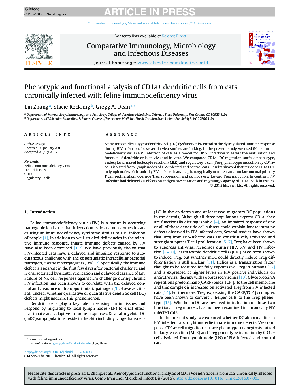 Phenotypic and functional analysis of CD1a+ dendritic cells from cats chronically infected with feline immunodeficiency virus