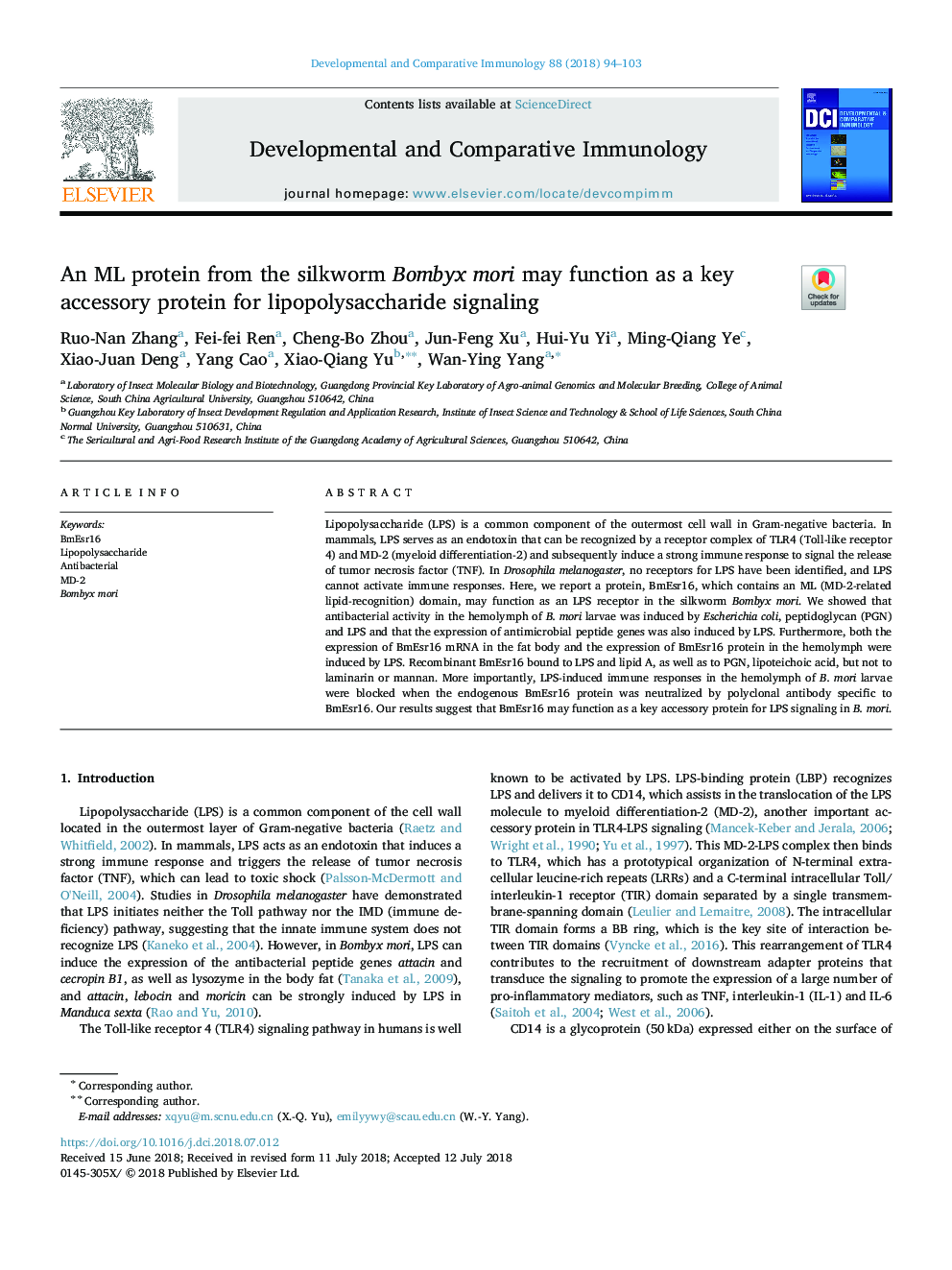 An ML protein from the silkworm Bombyx mori may function as a key accessory protein for lipopolysaccharide signaling