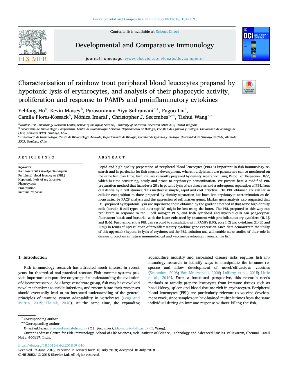 Characterisation of rainbow trout peripheral blood leucocytes prepared by hypotonic lysis of erythrocytes, and analysis of their phagocytic activity, proliferation and response to PAMPs and proinflammatory cytokines