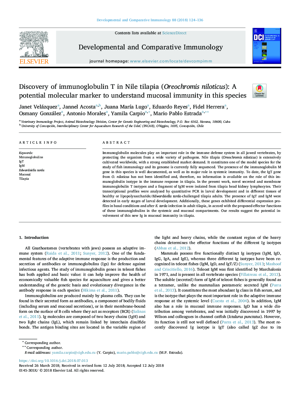 Discovery of immunoglobulin T in Nile tilapia (Oreochromis niloticus): A potential molecular marker to understand mucosal immunity in this species