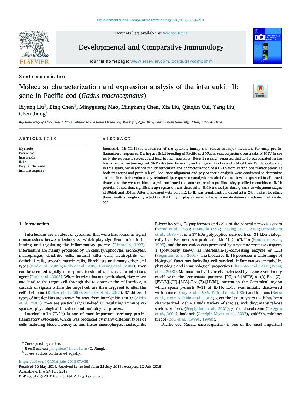 Molecular characterization and expression analysis of the interleukin 1b gene in Pacific cod (Gadus macrocephalus)