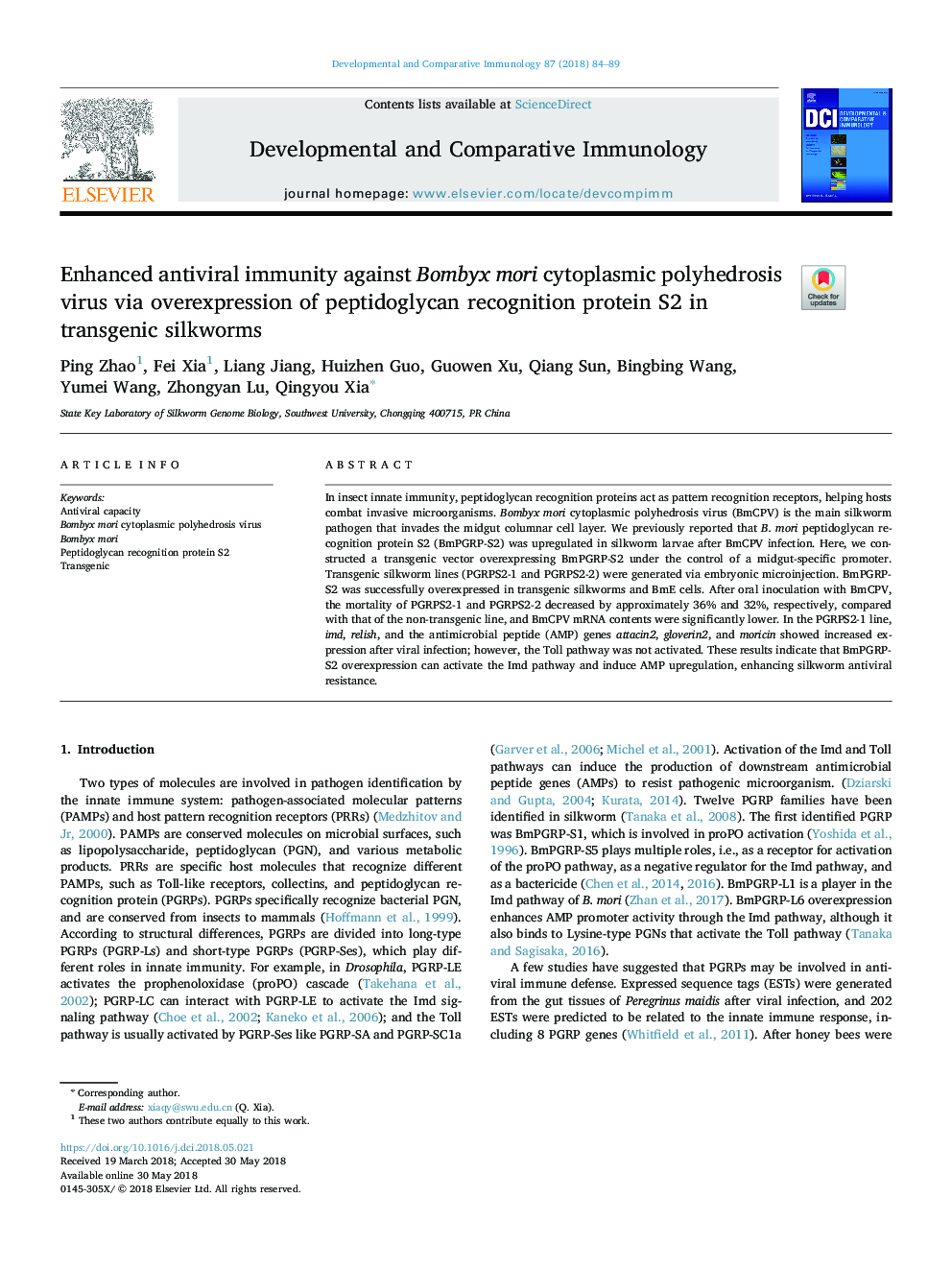 Enhanced antiviral immunity against Bombyx mori cytoplasmic polyhedrosis virus via overexpression of peptidoglycan recognition protein S2 in transgenic silkworms