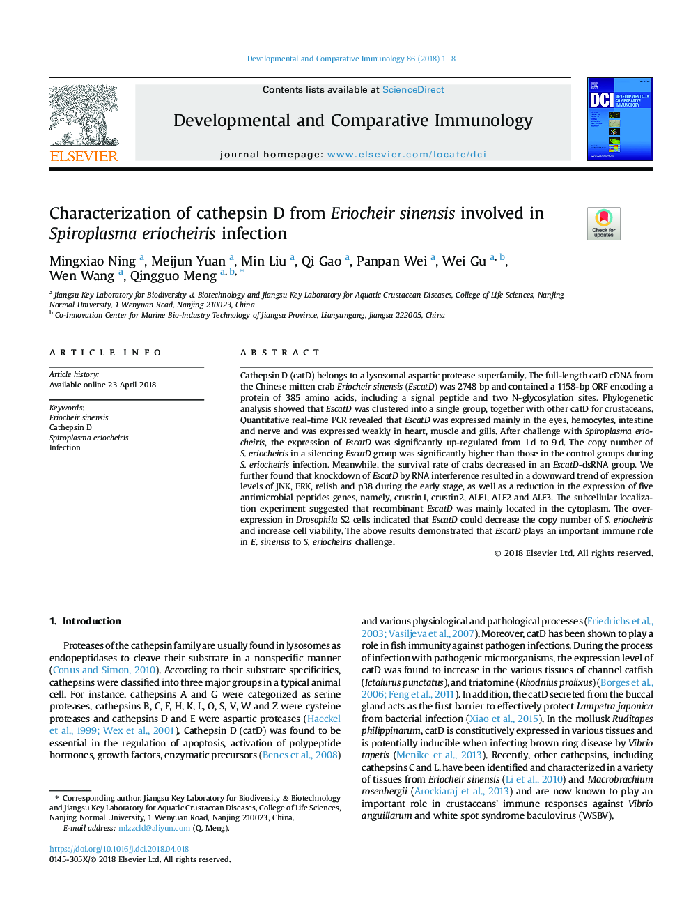 Characterization of cathepsin D from Eriocheir sinensis involved in Spiroplasma eriocheiris infection