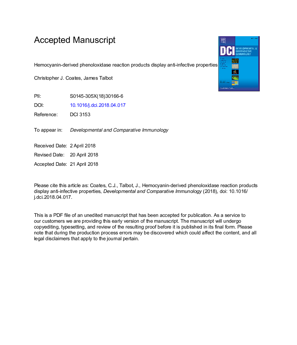 Hemocyanin-derived phenoloxidase reaction products display anti-infective properties