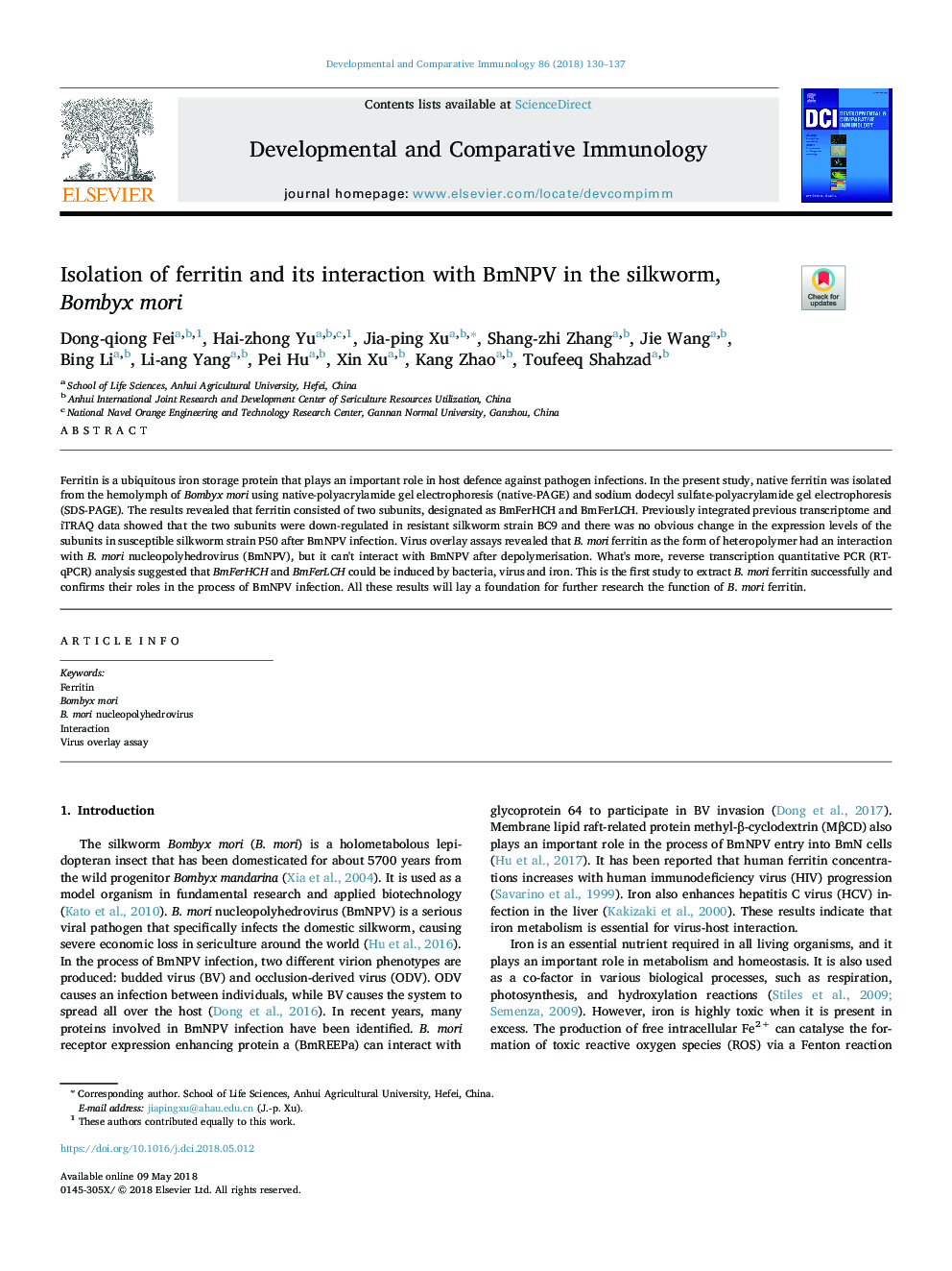 Isolation of ferritin and its interaction with BmNPV in the silkworm, Bombyx mori