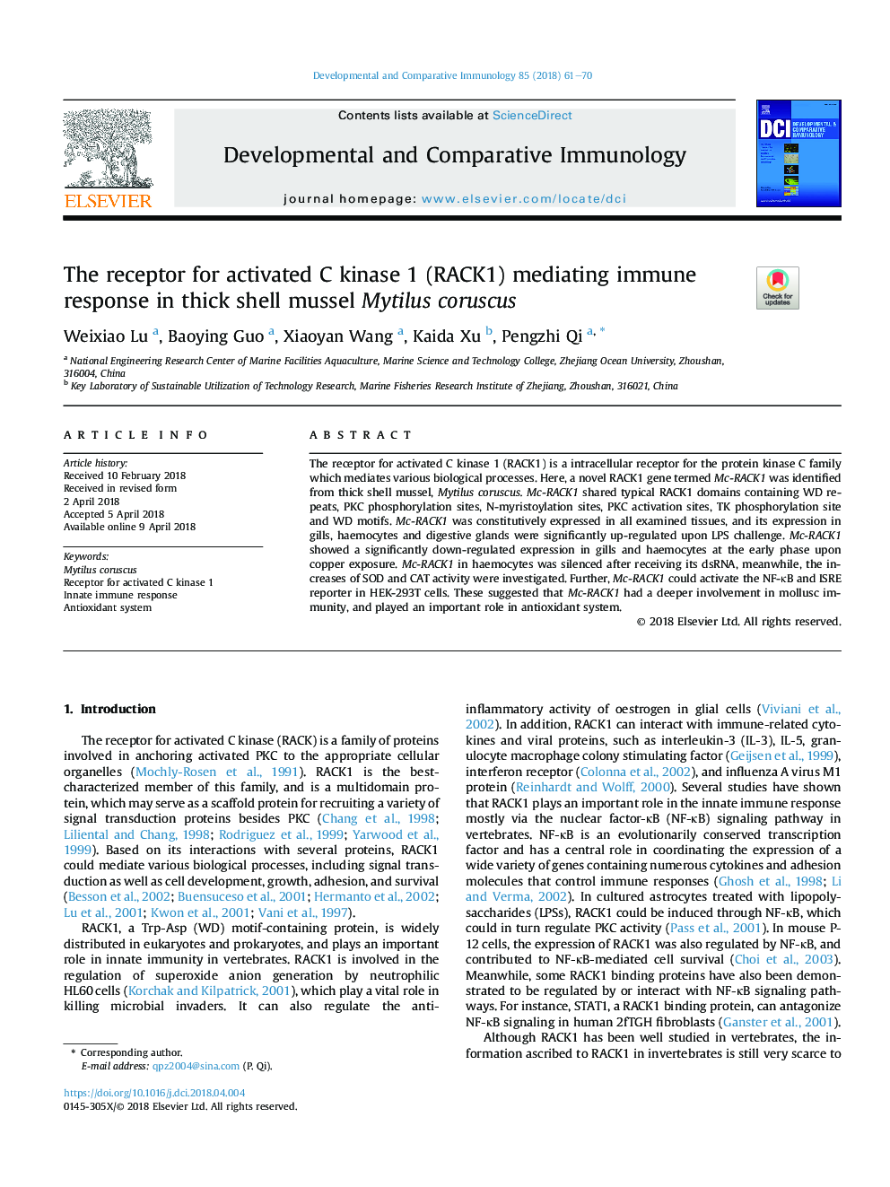 The receptor for activated C kinase 1 (RACK1) mediating immune response in thick shell mussel Mytilus coruscus