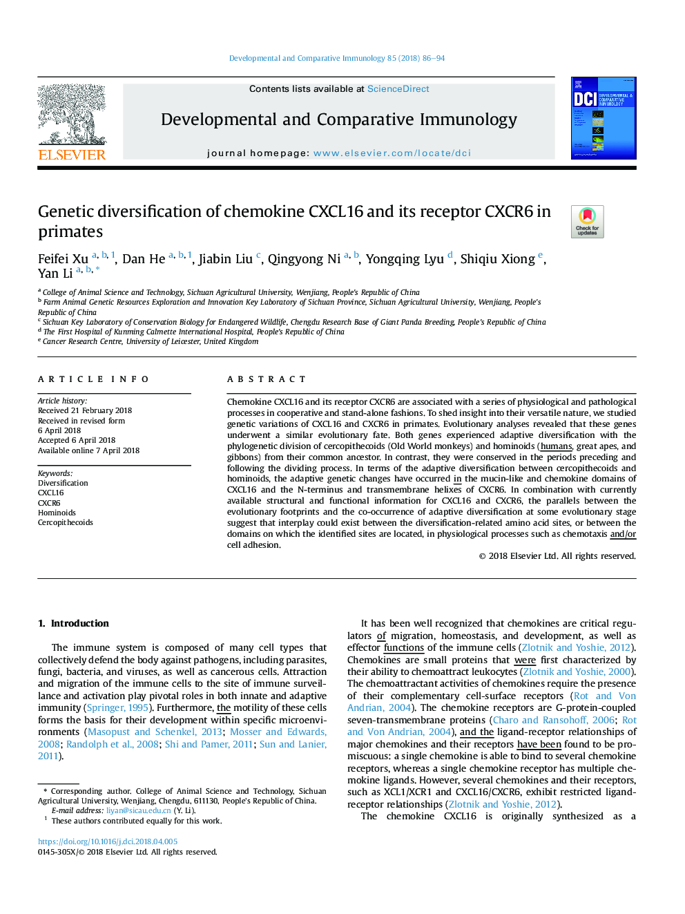 Genetic diversification of chemokine CXCL16 and its receptor CXCR6 in primates