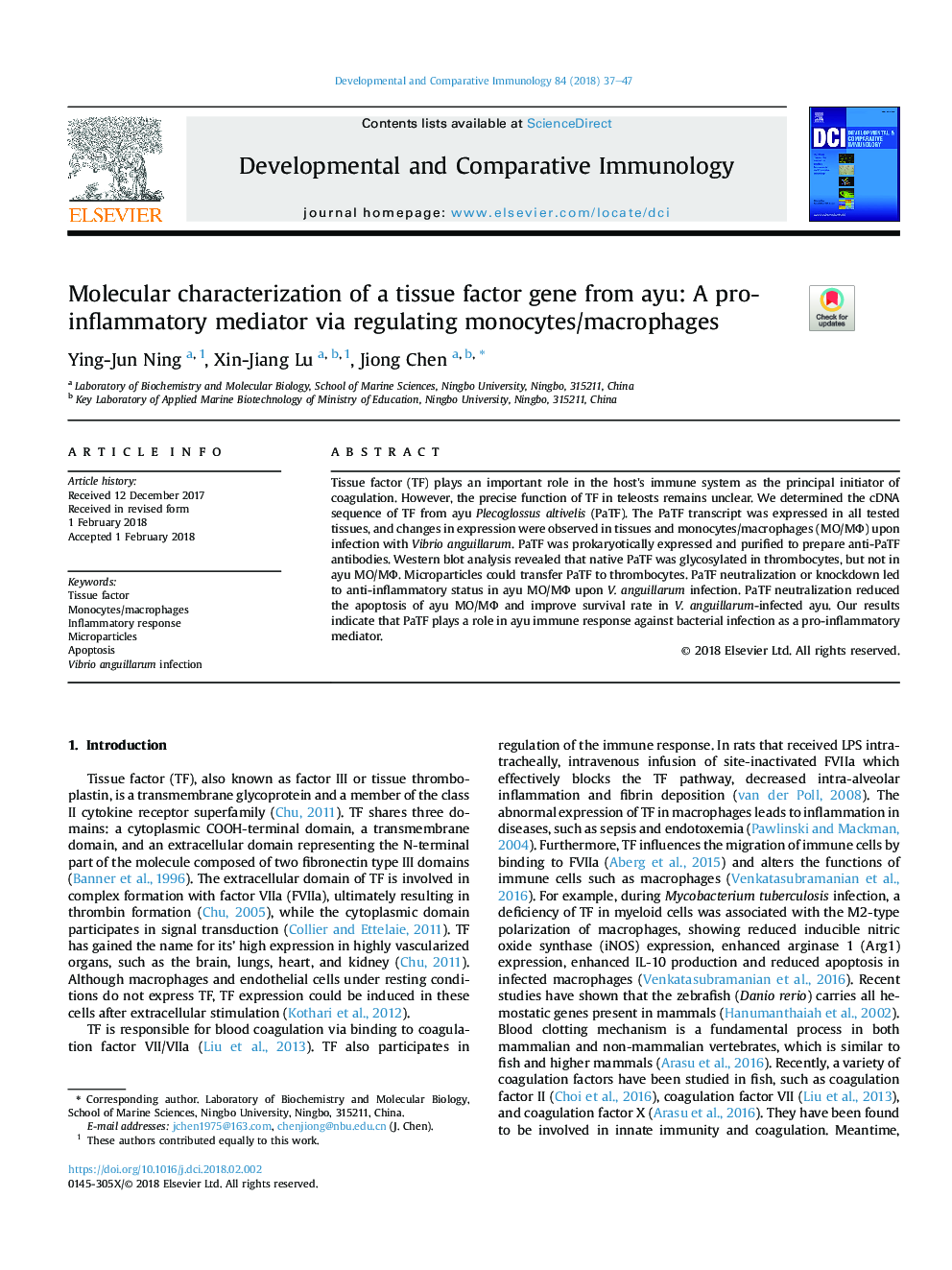 Molecular characterization of a tissue factor gene from ayu: A pro-inflammatory mediator via regulating monocytes/macrophages