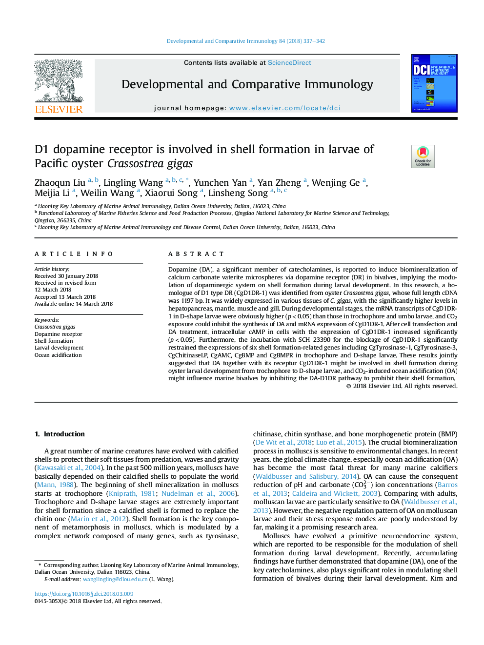 D1 dopamine receptor is involved in shell formation in larvae of Pacific oyster Crassostrea gigas