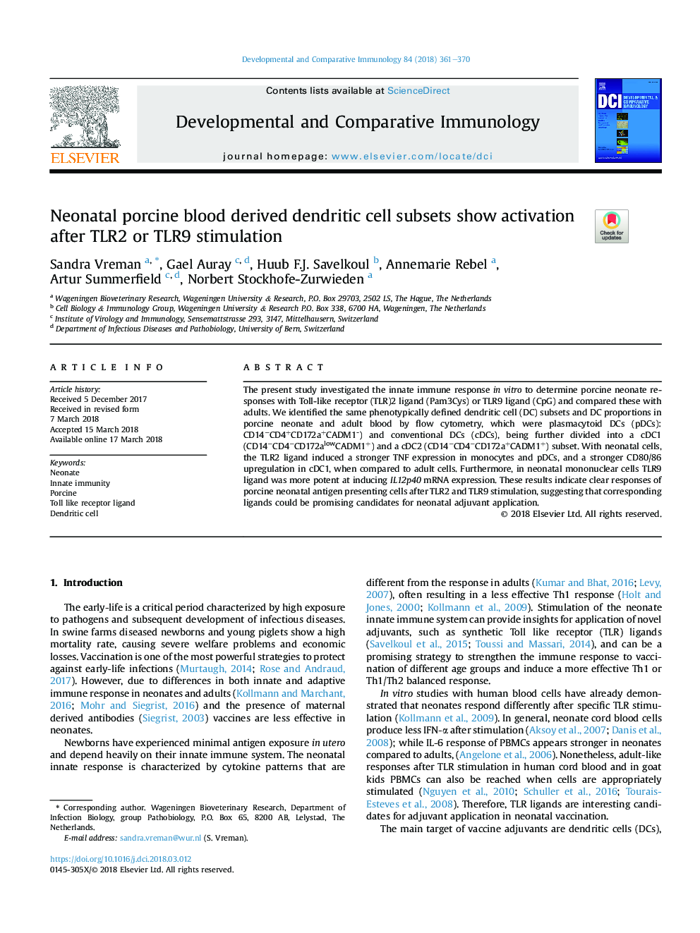 Neonatal porcine blood derived dendritic cell subsets show activation after TLR2 or TLR9 stimulation