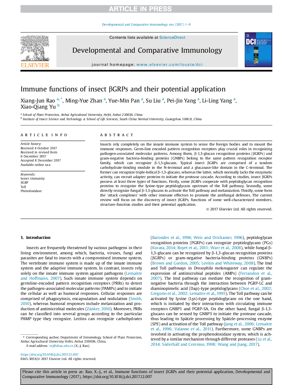 Immune functions of insect Î²GRPs and their potential application