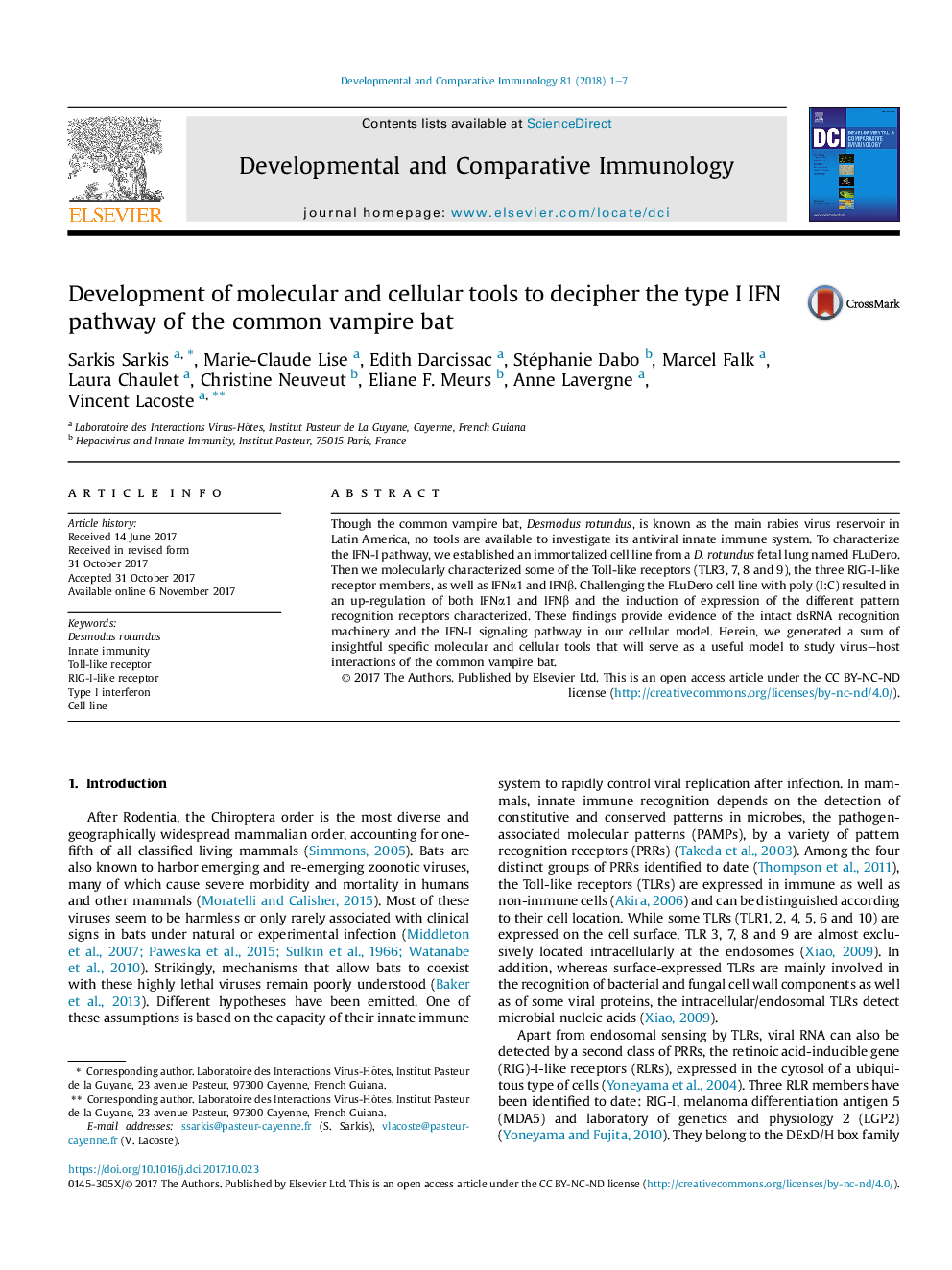 عکس صفحه اول مقاله: Development of molecular and cellular tools to decipher the type I IFN pathway of the common vampire bat Development of molecular and cellular tools to decipher the type I IFN pathway of the common vampire bat