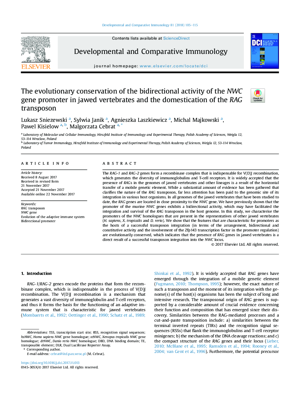 The evolutionary conservation of the bidirectional activity of the NWC gene promoter in jawed vertebrates and the domestication of the RAG transposon