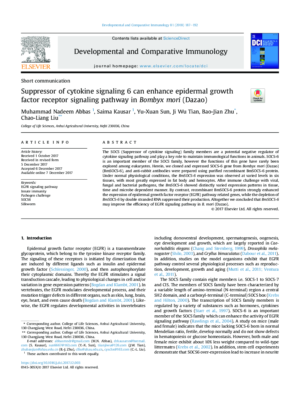 عکس صفحه اول مقاله: Suppressor of cytokine signaling 6 can enhance epidermal growth factor receptor signaling pathway in Bombyx mori (Dazao) Suppressor of cytokine signaling 6 can enhance epidermal growth factor receptor signaling pathway in Bombyx mori (Dazao)