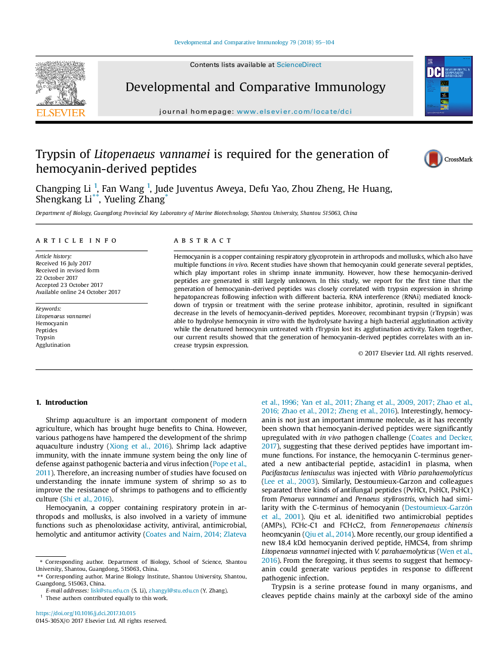 Trypsin of Litopenaeus vannamei is required for the generation of hemocyanin-derived peptides