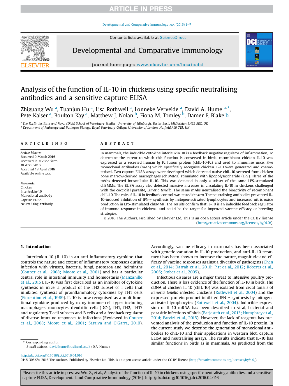 Analysis of the function of IL-10 in chickens using specific neutralising antibodies and a sensitive capture ELISA