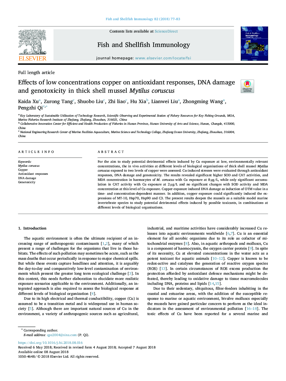 Effects of low concentrations copper on antioxidant responses, DNA damage and genotoxicity in thick shell mussel Mytilus coruscus