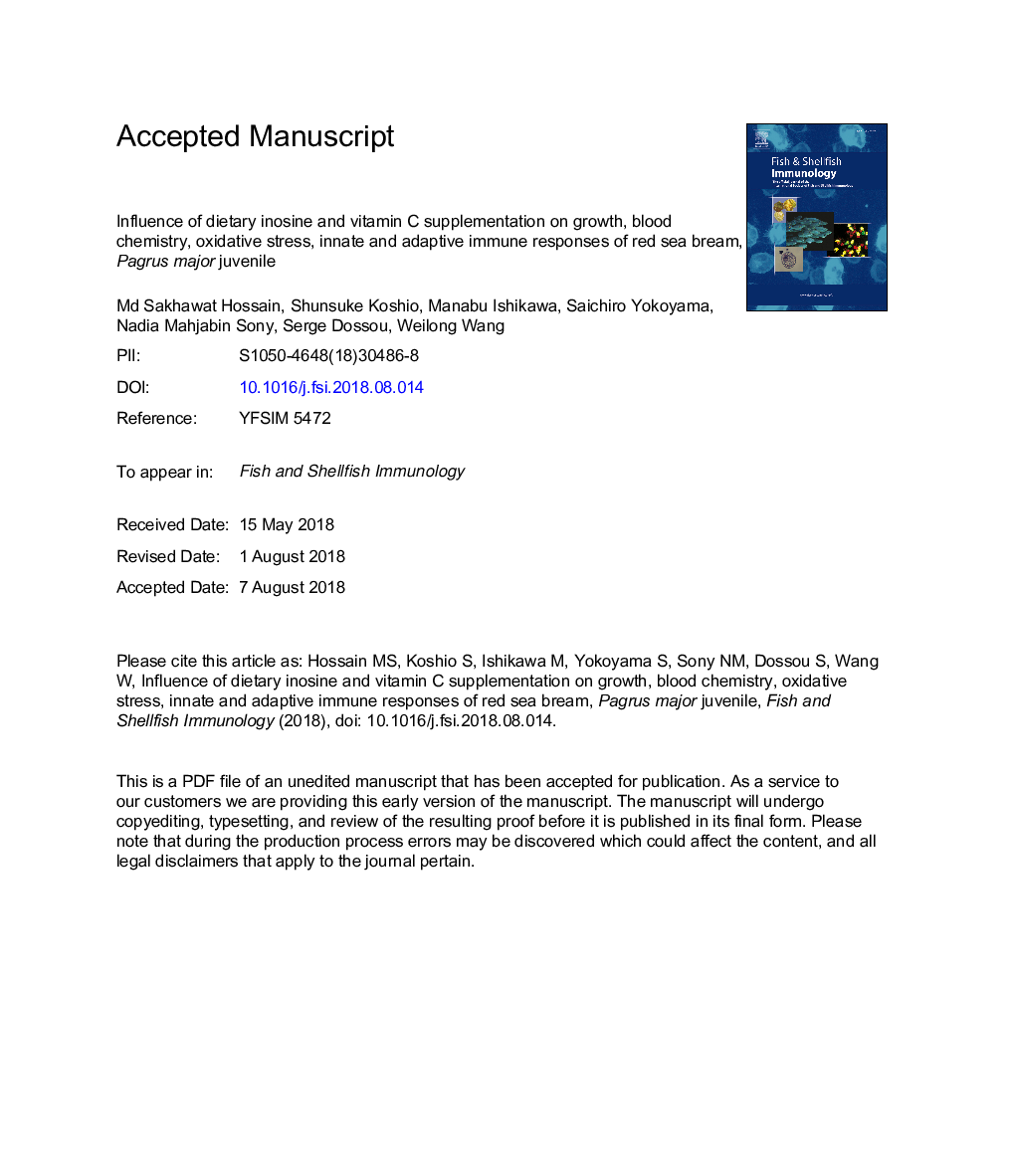 Influence of dietary inosine and vitamin C supplementation on growth, blood chemistry, oxidative stress, innate and adaptive immune responses of red sea bream, Pagrus major juvenile