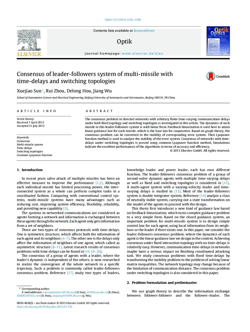 Consensus of leader-followers system of multi-missile with time-delays and switching topologies