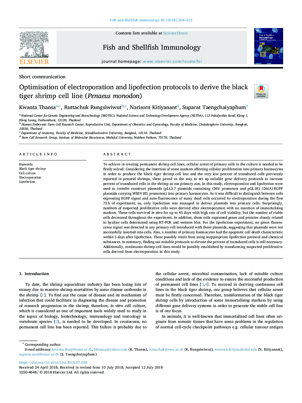 Optimisation of electroporation and lipofection protocols to derive the black tiger shrimp cell line (Penaeus monodon)