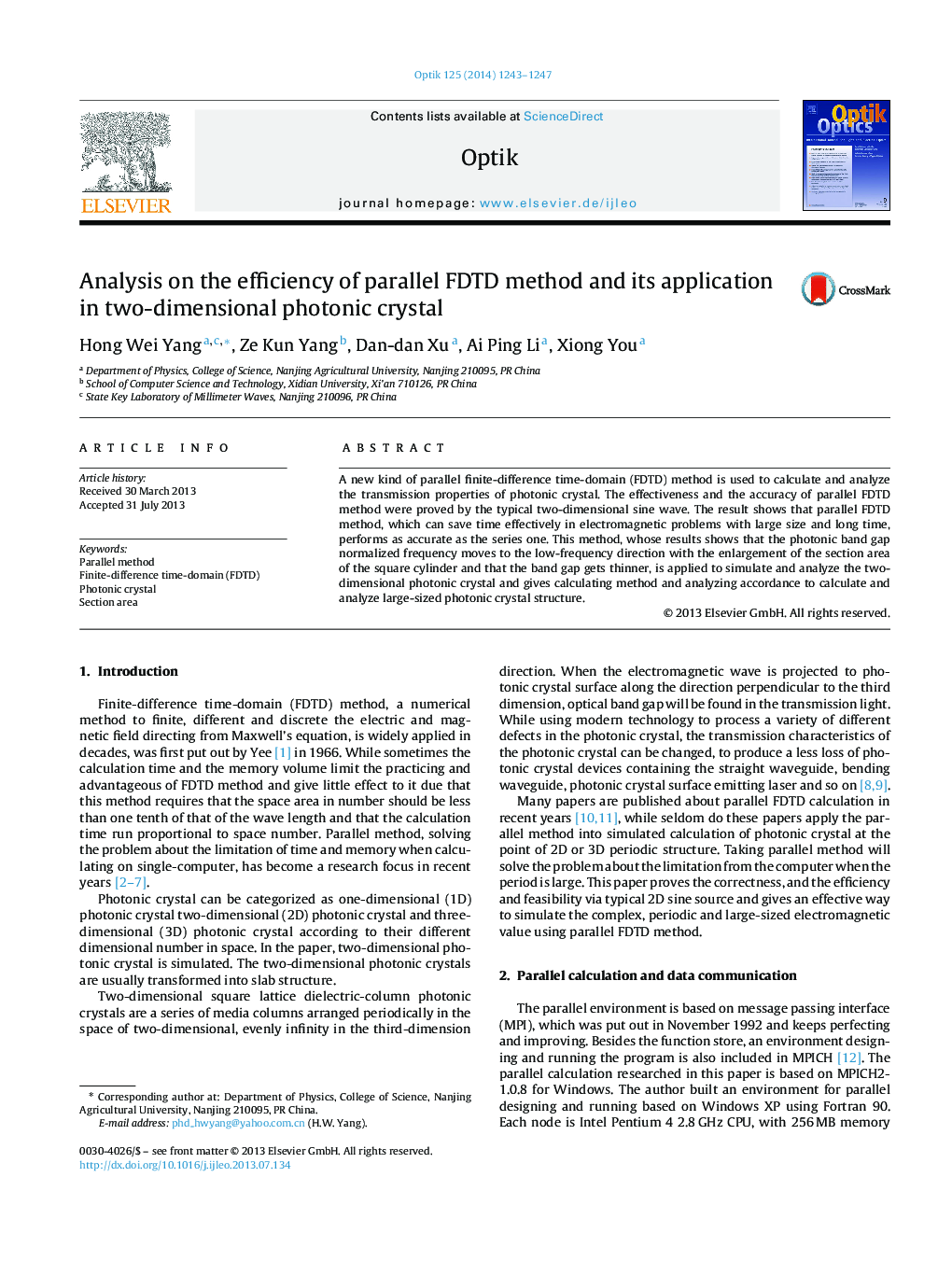 Analysis on the efficiency of parallel FDTD method and its application in two-dimensional photonic crystal