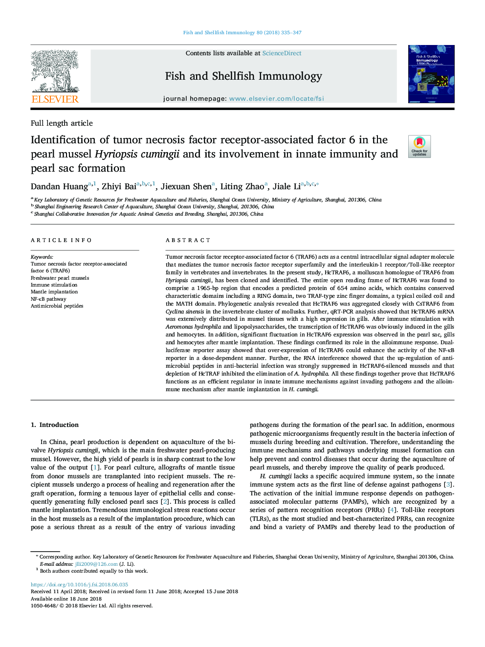 Identification of tumor necrosis factor receptor-associated factor 6 in the pearl mussel Hyriopsis cumingii and its involvement in innate immunity and pearl sac formation