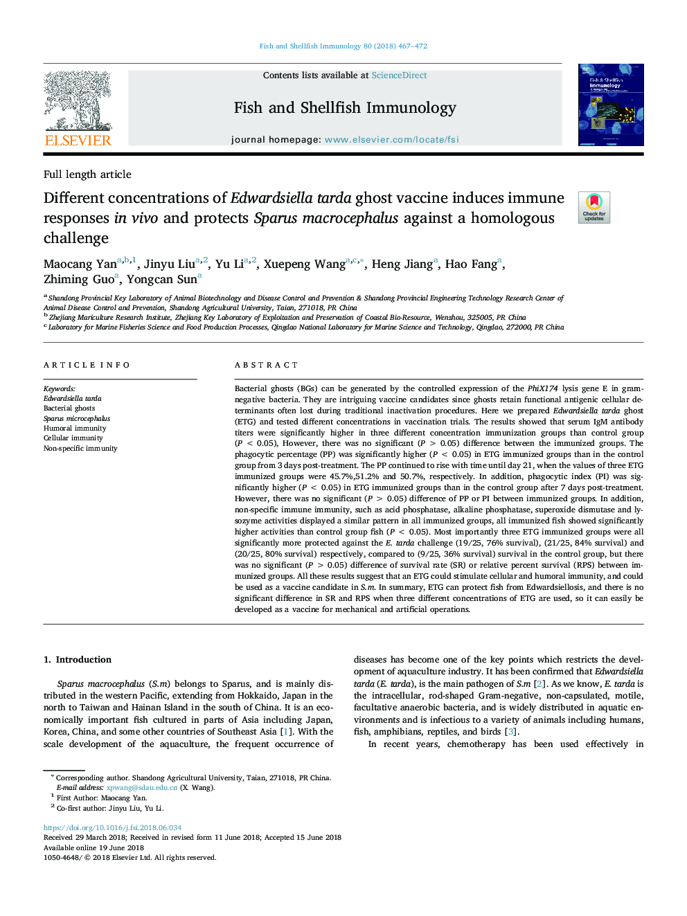 Different concentrations of Edwardsiella tarda ghost vaccine induces immune responses in vivo and protects Sparus macrocephalus against a homologous challenge