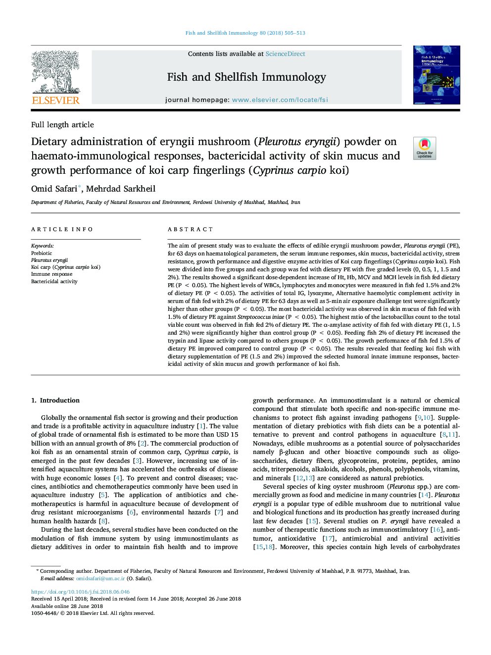 Dietary administration of eryngii mushroom (Pleurotus eryngii) powder on haemato-immunological responses, bactericidal activity of skin mucus and growth performance of koi carp fingerlings (Cyprinus carpio koi)