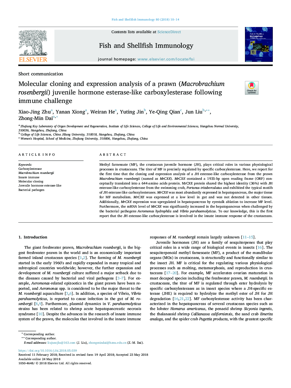 Molecular cloning and expression analysis of a prawn (Macrobrachium rosenbergii) juvenile hormone esterase-like carboxylesterase following immune challenge