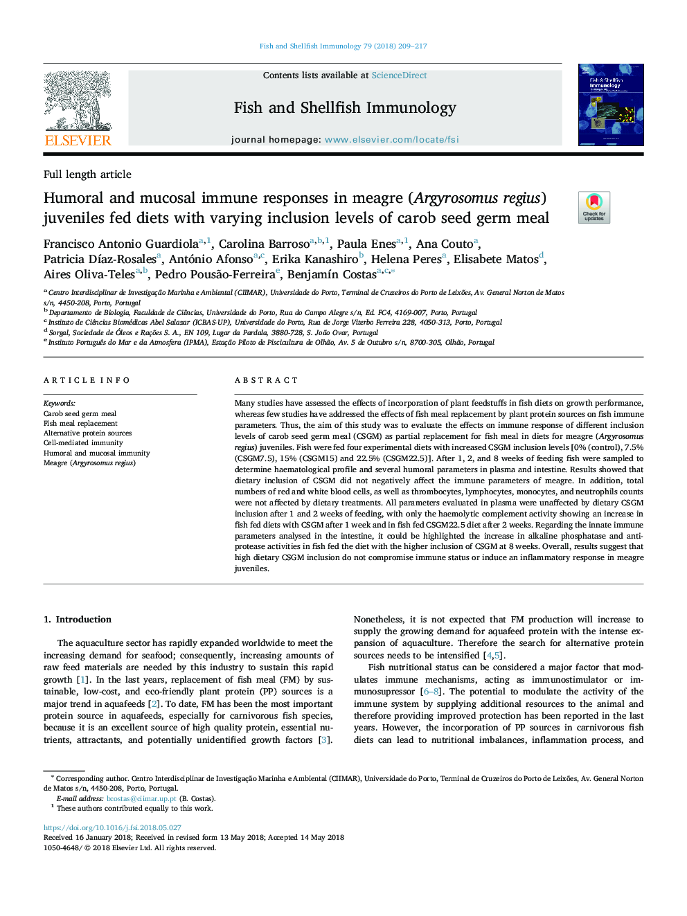 Humoral and mucosal immune responses in meagre (Argyrosomus regius) juveniles fed diets with varying inclusion levels of carob seed germ meal