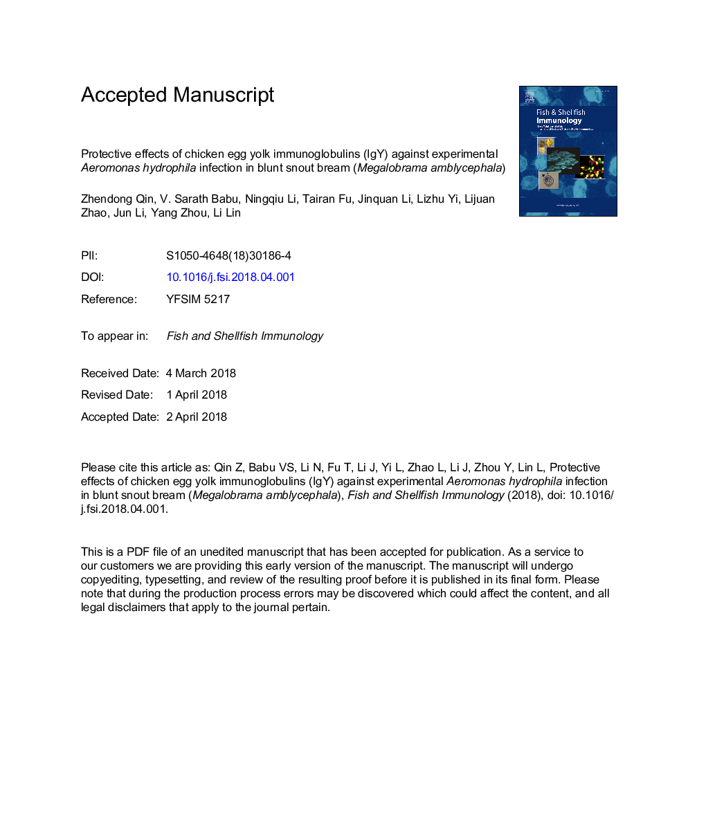 Protective effects of chicken egg yolk immunoglobulins (IgY) against experimental Aeromonas hydrophila infection in blunt snout bream (Megalobrama amblycephala)