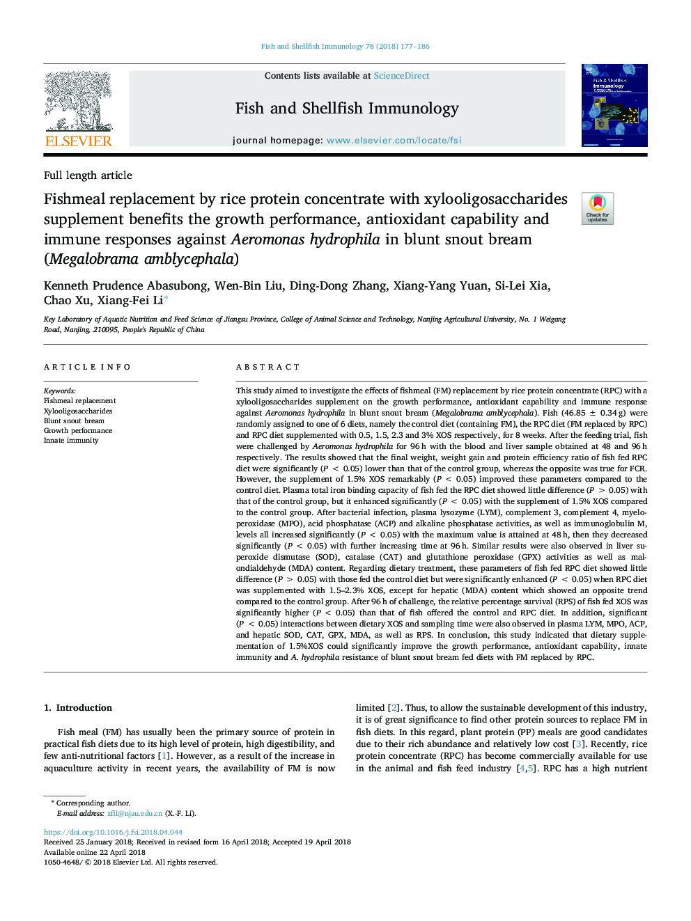 Fishmeal replacement by rice protein concentrate with xylooligosaccharides supplement benefits the growth performance, antioxidant capability and immune responses against Aeromonas hydrophila in blunt snout bream (Megalobrama amblycephala)