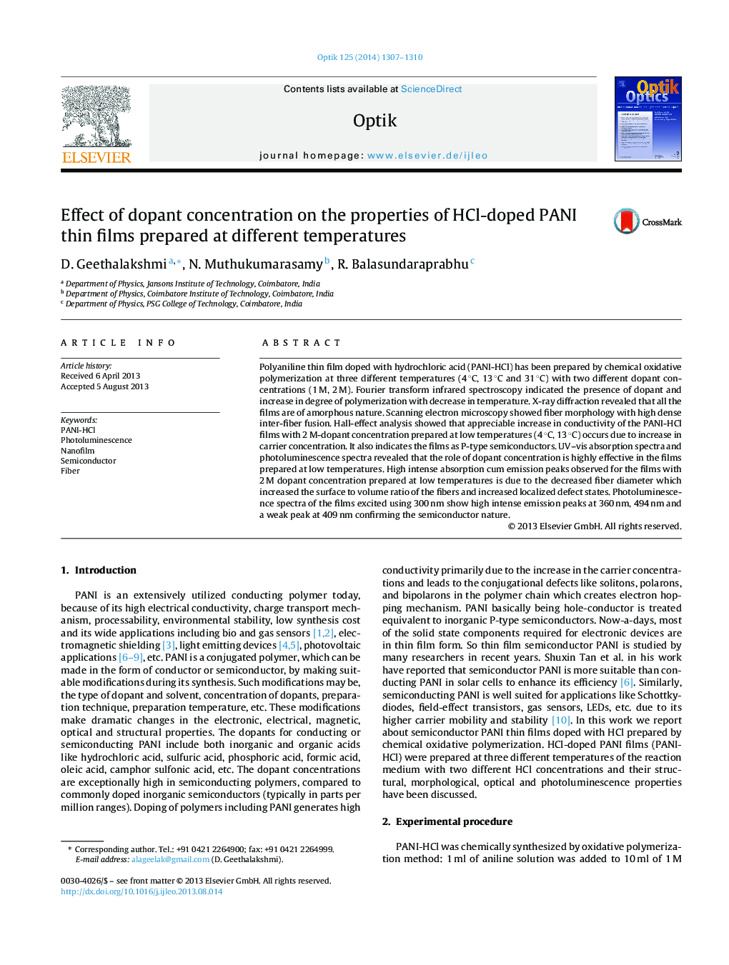 Effect of dopant concentration on the properties of HCl-doped PANI thin films prepared at different temperatures