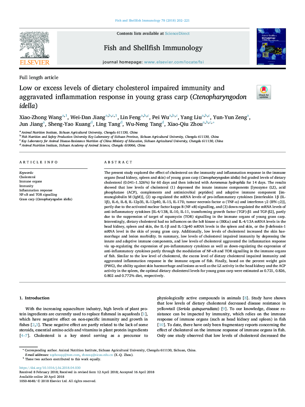 Low or excess levels of dietary cholesterol impaired immunity and aggravated inflammation response in young grass carp (Ctenopharyngodon idella)