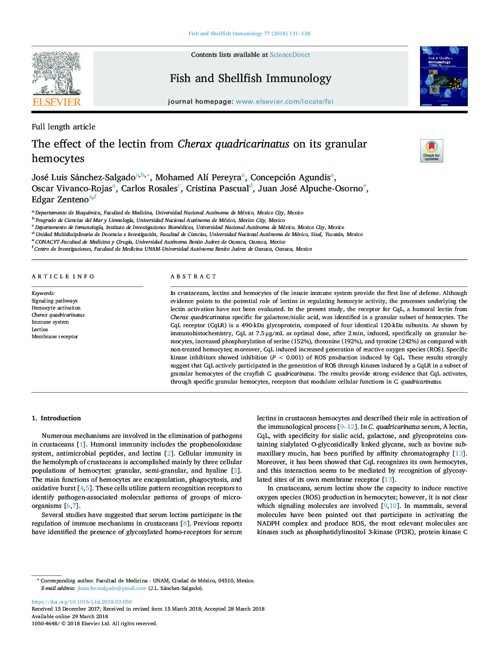 The effect of the lectin from Cherax quadricarinatus on its granular hemocytes