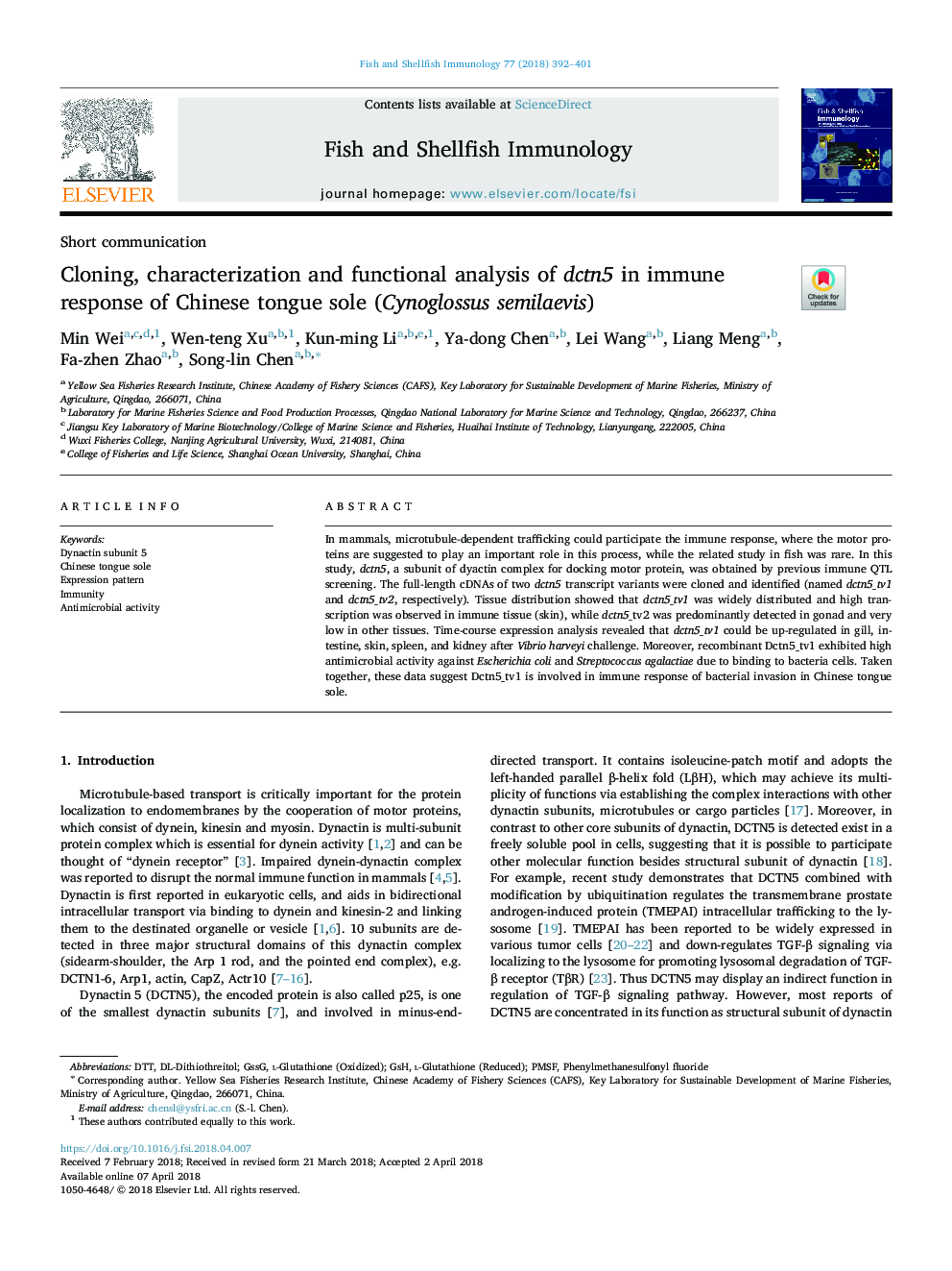 Cloning, characterization and functional analysis of dctn5 in immune response of Chinese tongue sole (Cynoglossus semilaevis)