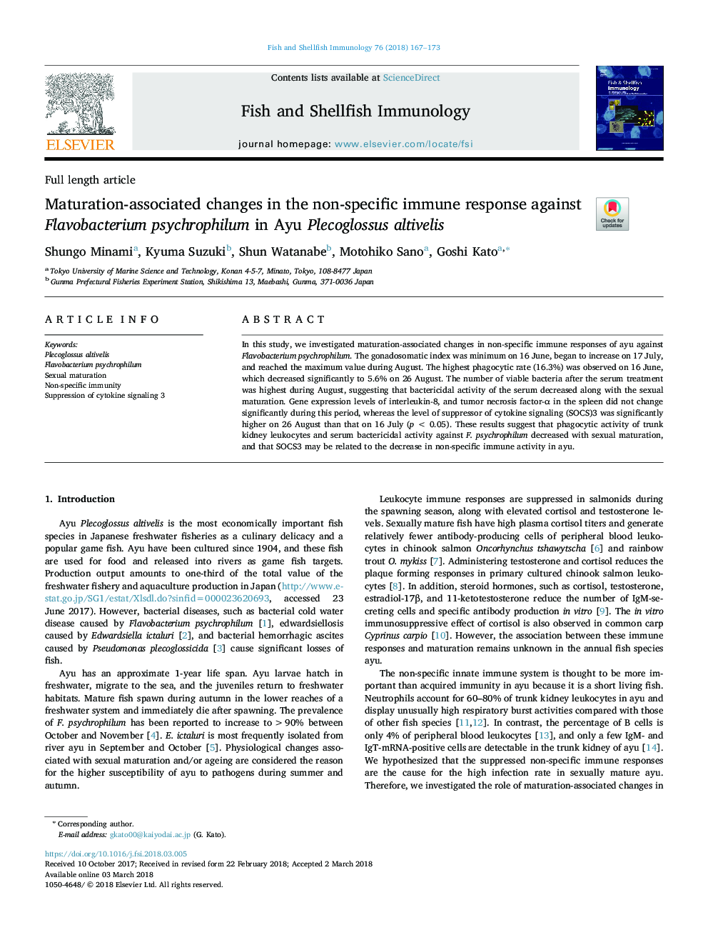 Maturation-associated changes in the non-specific immune response against Flavobacterium psychrophilum in Ayu Plecoglossus altivelis