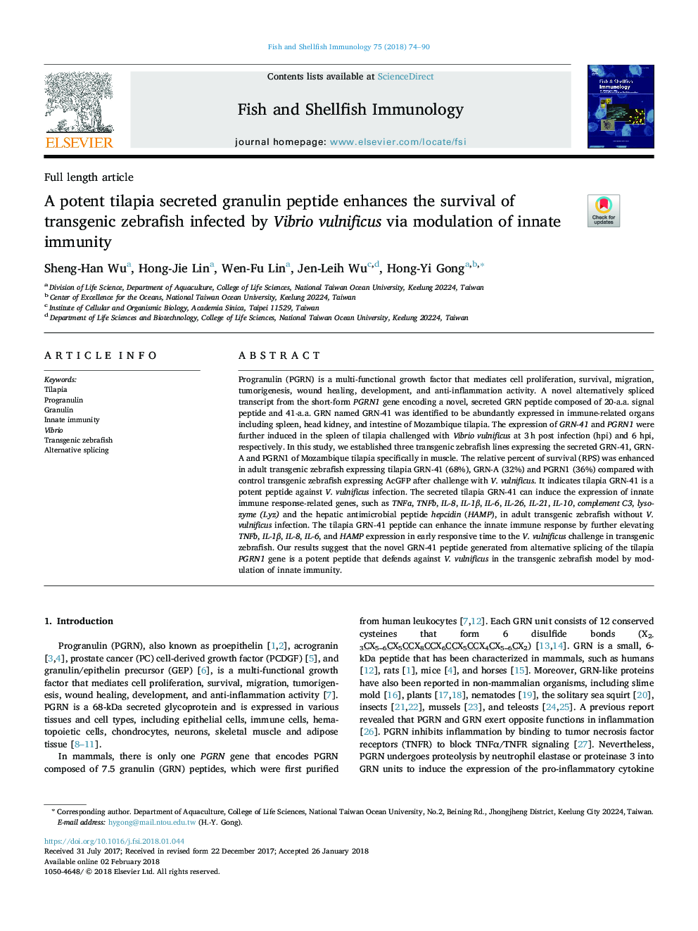 A potent tilapia secreted granulin peptide enhances the survival of transgenic zebrafish infected by Vibrio vulnificus via modulation of innate immunity