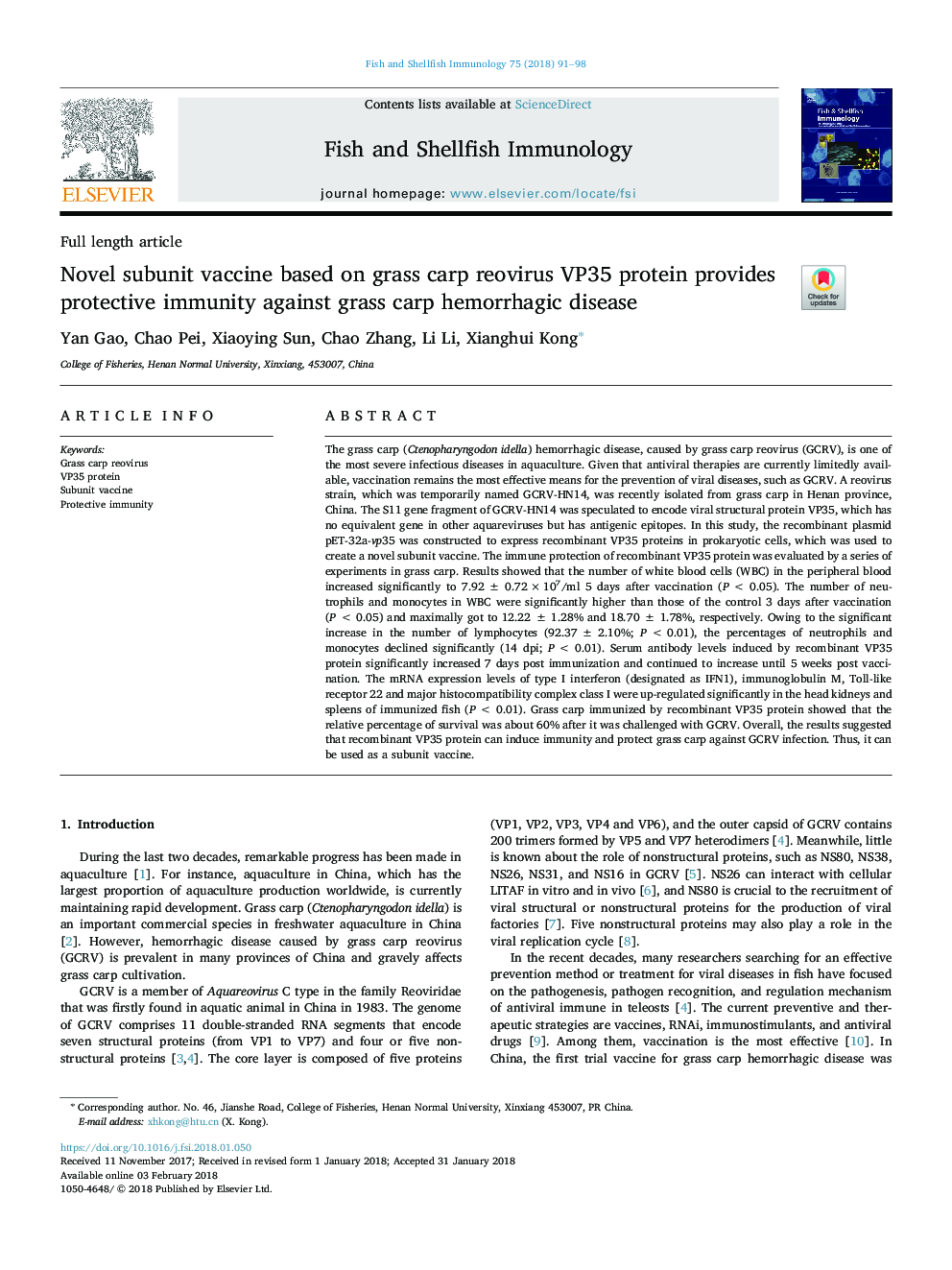 Novel subunit vaccine based on grass carp reovirus VP35 protein provides protective immunity against grass carp hemorrhagic disease