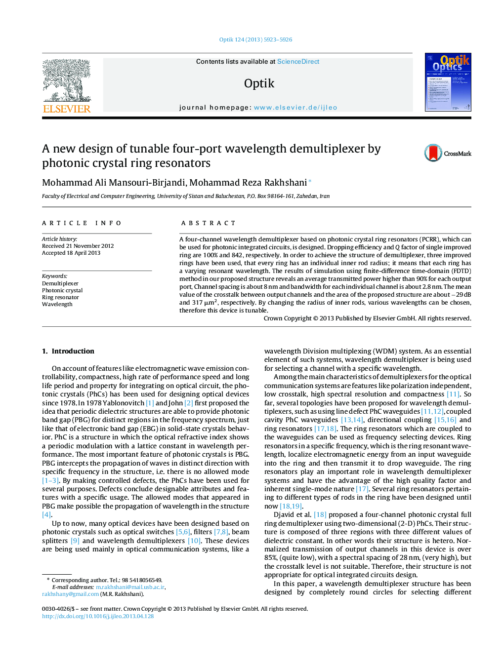 A new design of tunable four-port wavelength demultiplexer by photonic crystal ring resonators