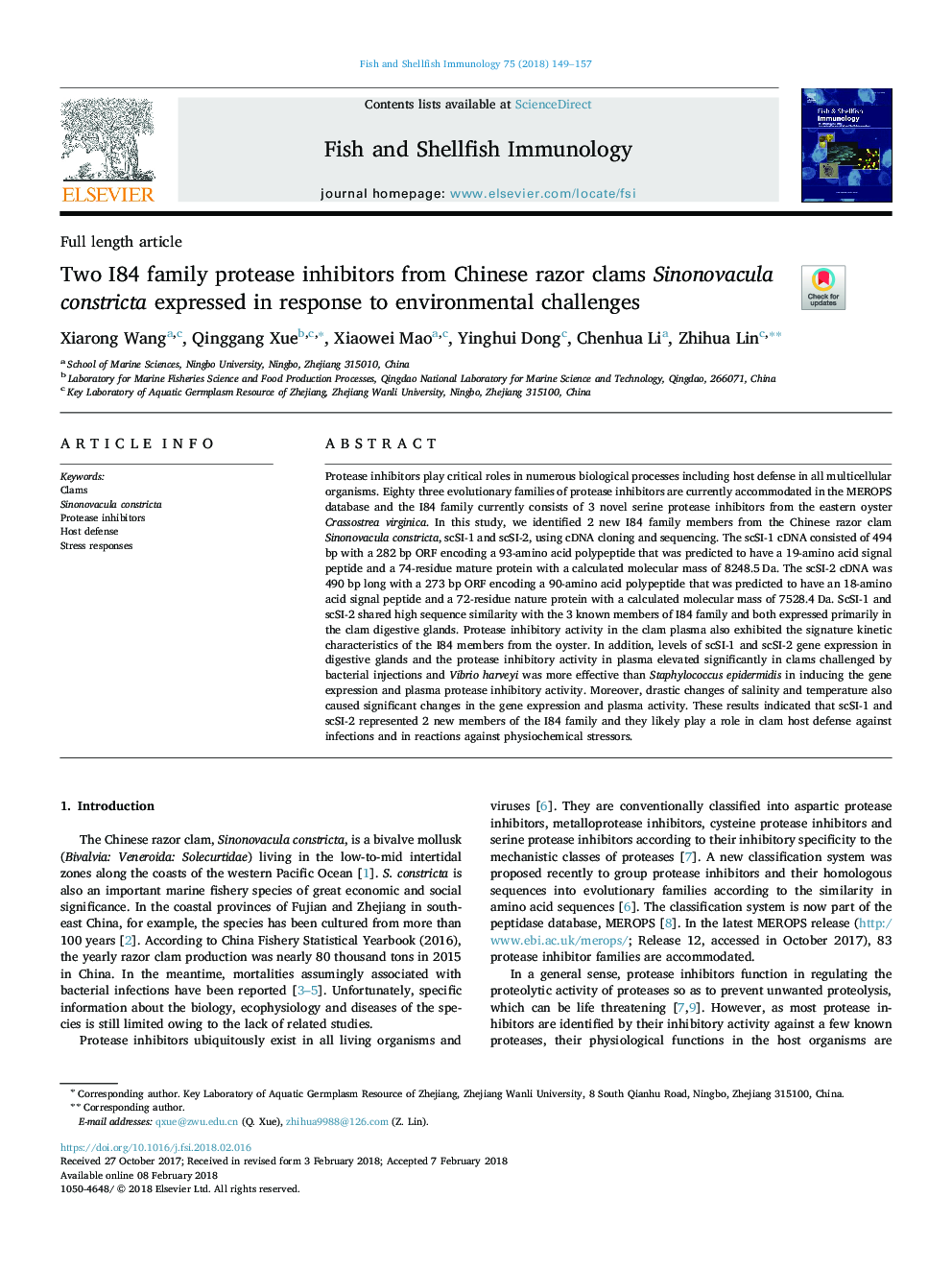 Two I84 family protease inhibitors from Chinese razor clams Sinonovacula constricta expressed in response to environmental challenges