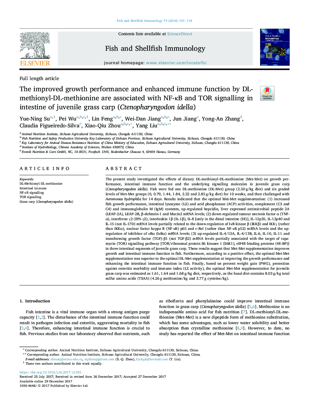 The improved growth performance and enhanced immune function by DL-methionyl-DL-methionine are associated with NF-ÎºB and TOR signalling in intestine of juvenile grass carp (Ctenopharyngodon idella)